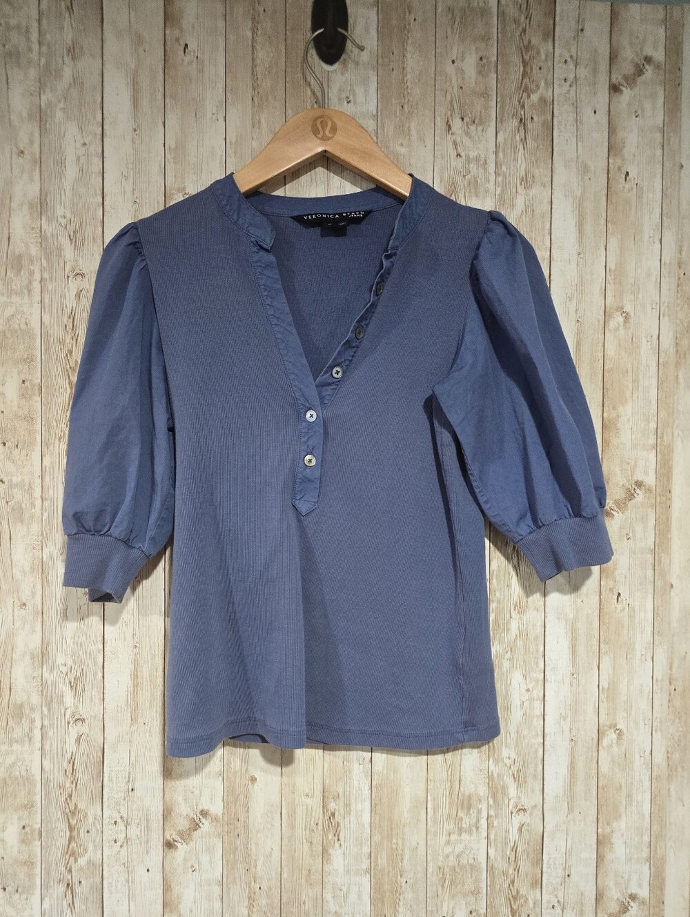 Veronica Beard Jeans Coralee Puff Sleeve Button Front Top Navy Blue XS ribbed
